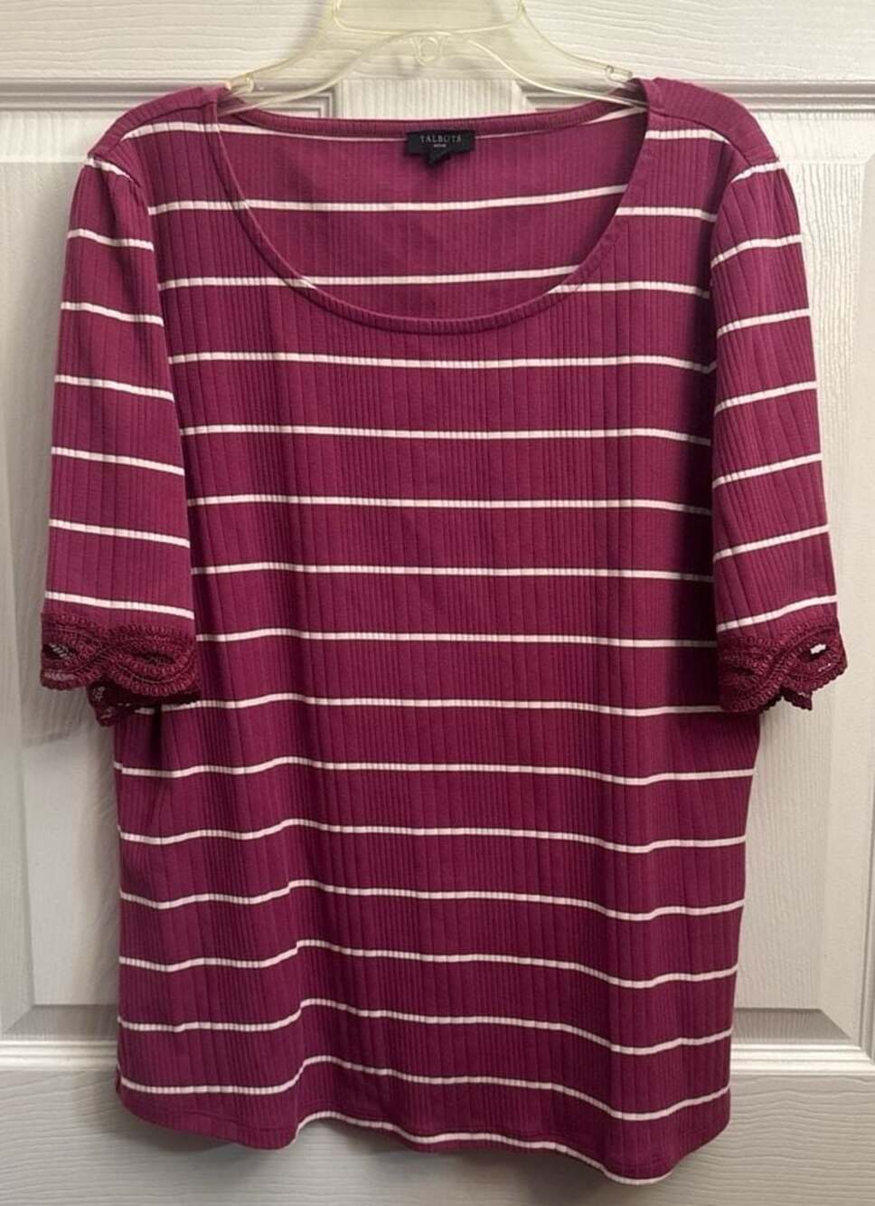 Talbots Petite XL P Striped Ribbed Top with Crochet Sleeve Trim